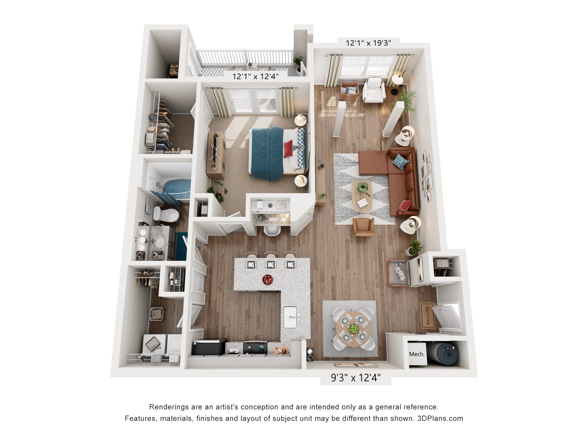 Floor plan for 1 bed, 1 bath, 1093 sqft